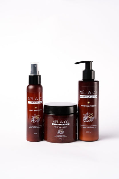 Gamme Complète : BODY-Scrub + Tanning oil + After-Sun-Lotion avec une pochette MEL & CO. gratuite