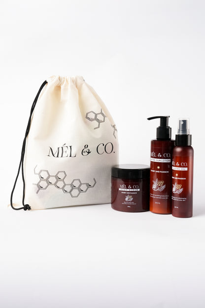 Gamme Complète : BODY-Scrub + Tanning oil + After-Sun-Lotion avec une pochette MEL & CO. gratuite